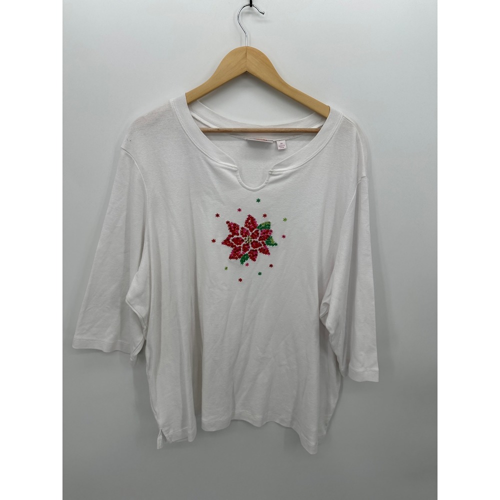 Quacker Factory Womens Poisettia Embroidered Top Sz 3X Cotton 3/4 Sleeve Tunic
